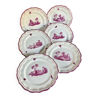 6 flat plates Gien pink landscape 1938 1960