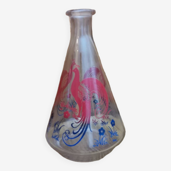 Vintage screen-printed glass carafe with gradient bird pattern
