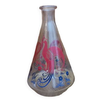 Vintage screen-printed glass carafe with gradient bird pattern