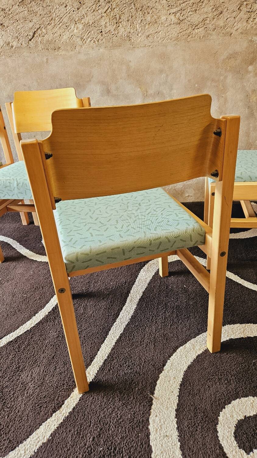 Set of 4 wooden and fabric chairs, 70s