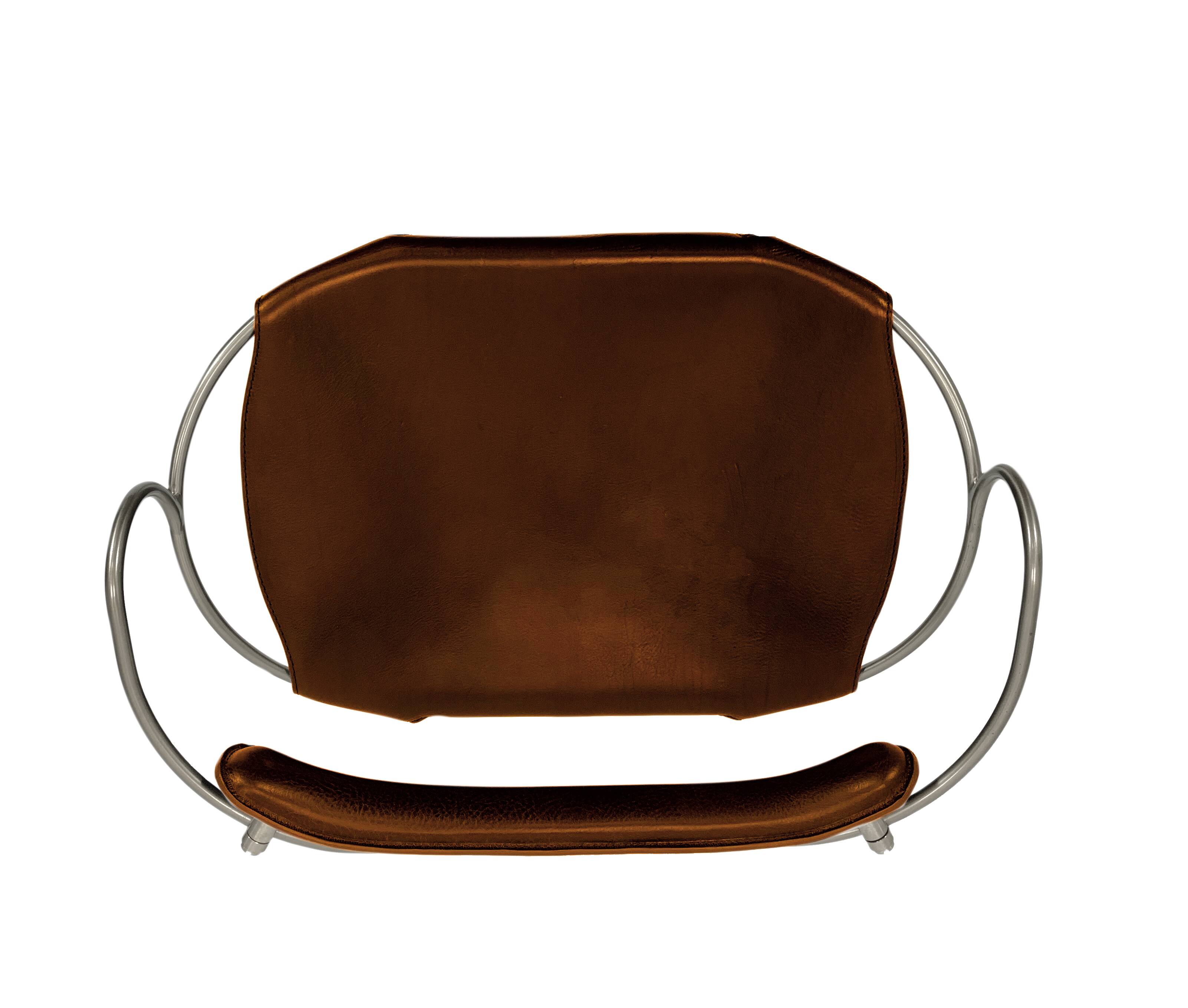 Bar stool with a backrest in aged silver metal and cognac leather, organic design.