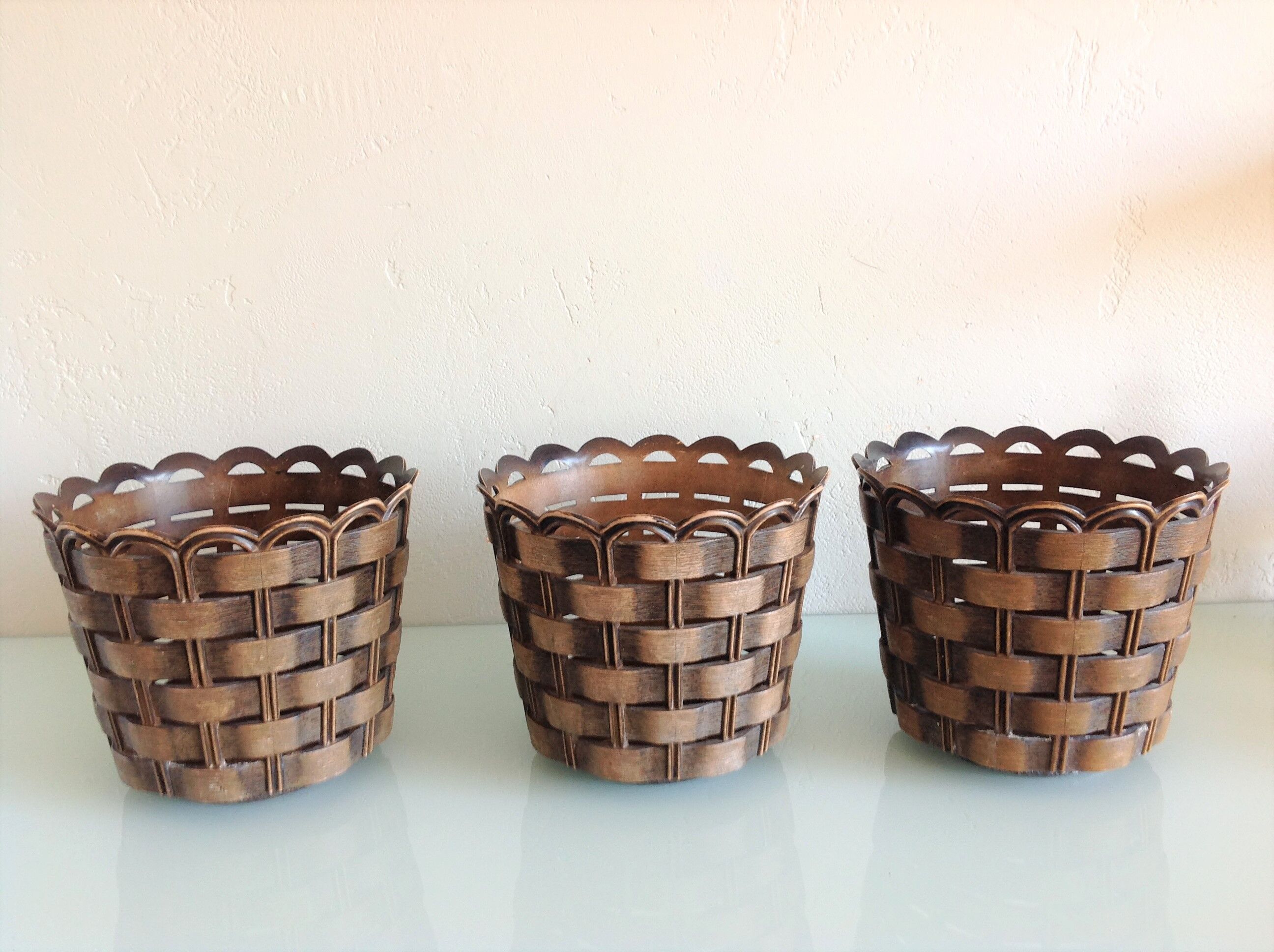 Suite of three cache pots imitation wicker braided by Emsa / vintage 60s-70s