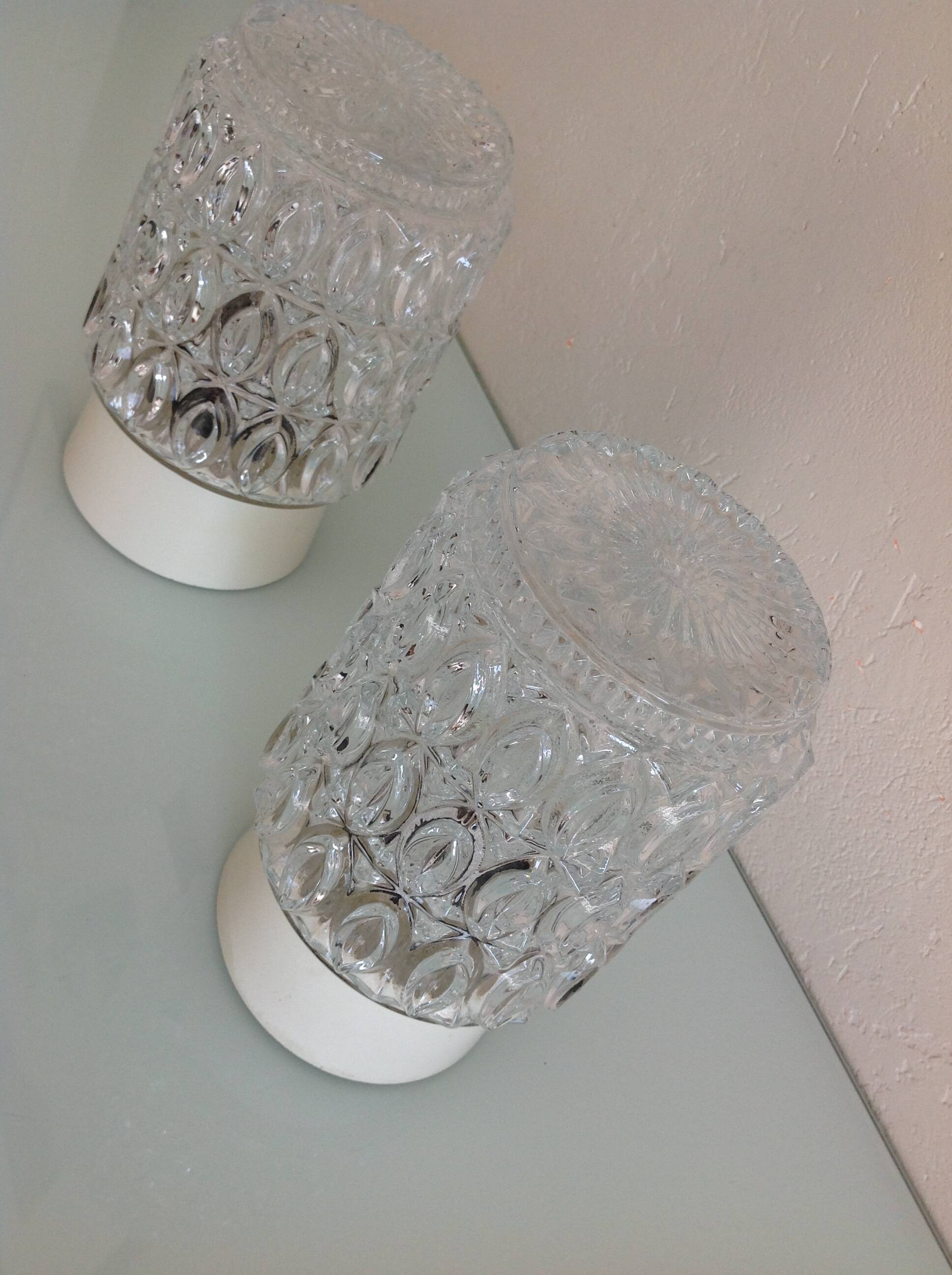 Pair of cylindrical structured glass ceiling lights / vintage 60s-70s