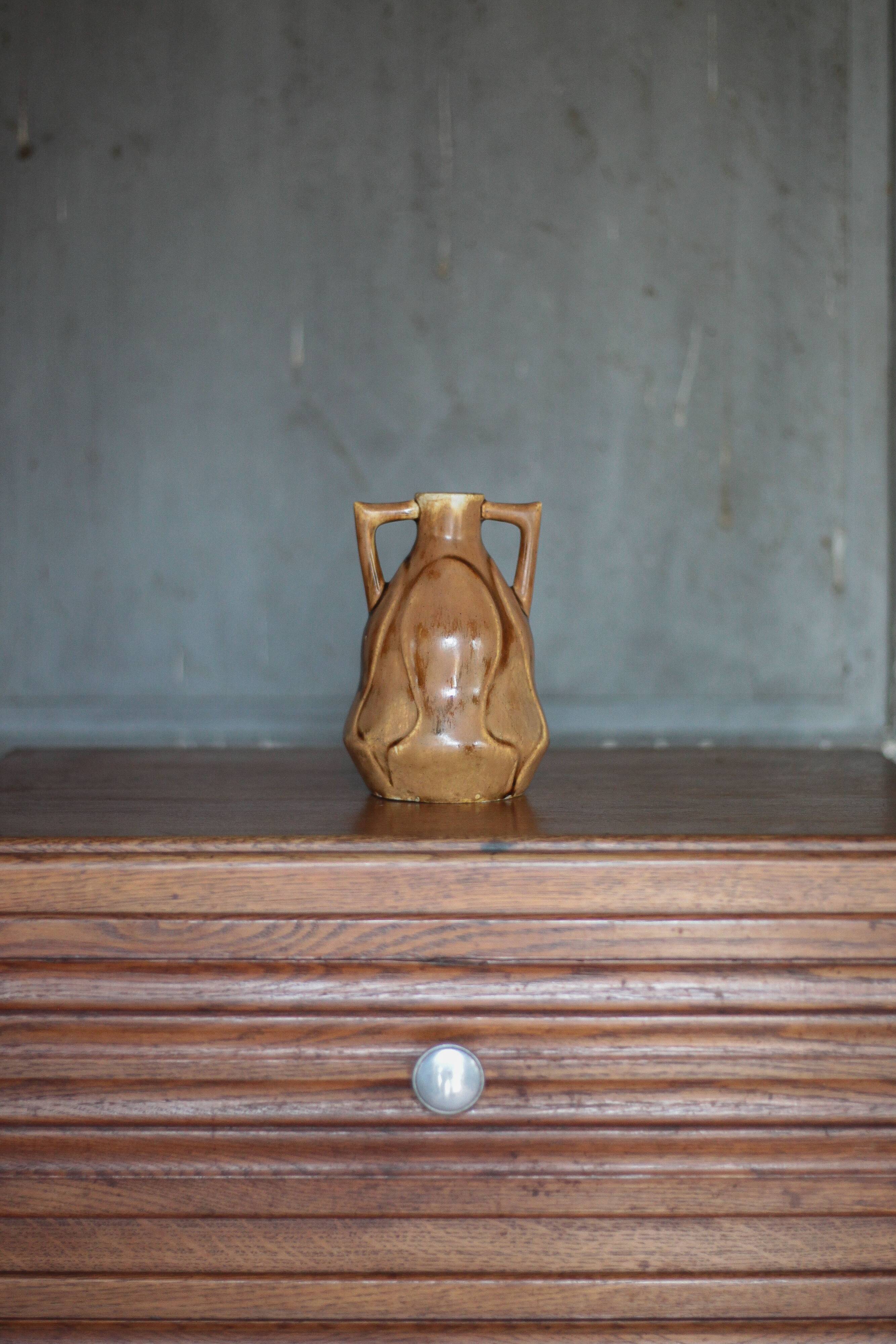 Vintage glazed ceramic vase, small vase with handles, interior decoration