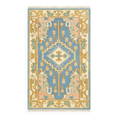 Tapis en laine Oushak noué à la main, tapis d'accent avec design de médaillon bleu pour l'entrée.