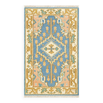 Hand-Knotted Oushak Wool Area Rug, Blue Medallion Design Accent Rug for Entryway