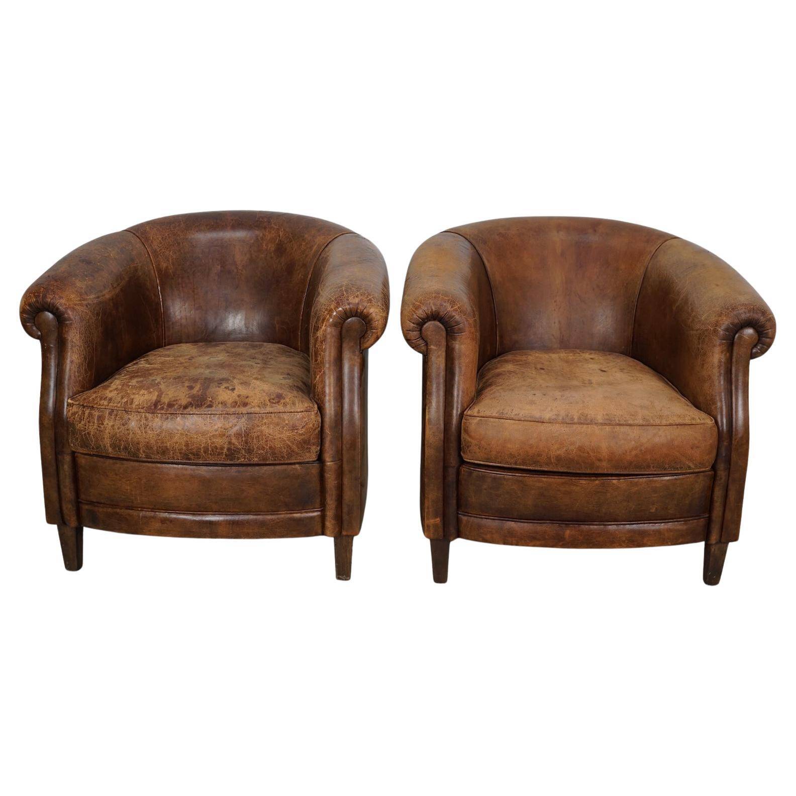 Vintage Dutch cognac coloured leather club chair, set of 2