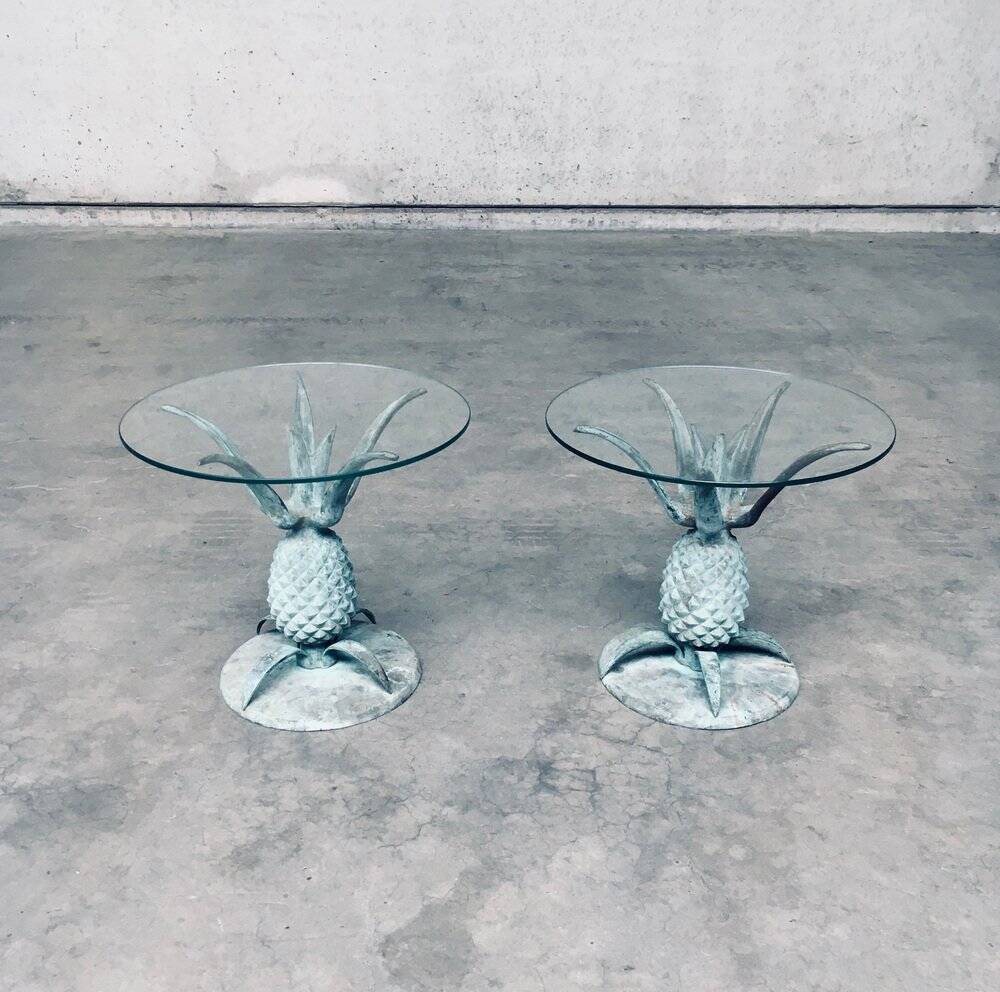 Hollywood Regency Style Brass Patinated Pineapple Side Tables, France, 1970s, Set of 2