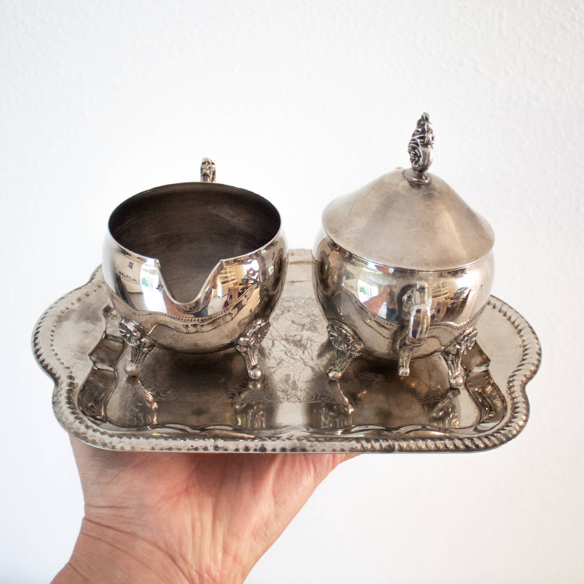 Antique Silver Plated Sugar Bowl & Creamer Set on Tray: Old Tableware