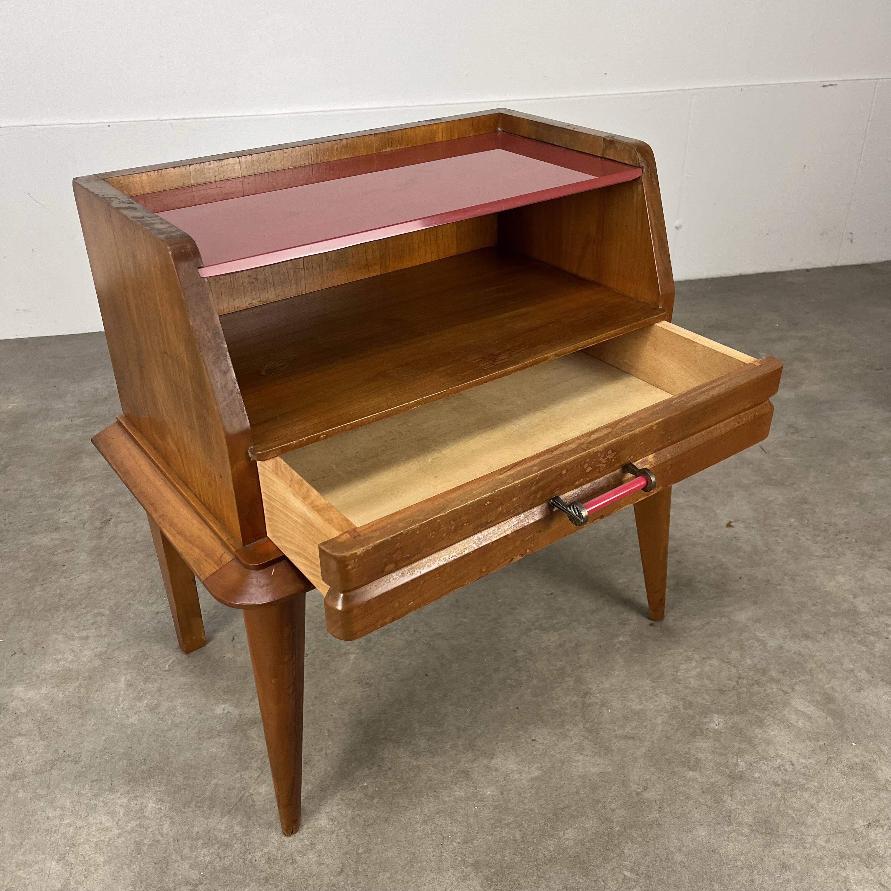 50s vintage style bedside table, wood and glass