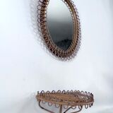 Mid-Century Shelf Console Table with Wall Mirror in rattan and bamboo. Italy 1960s