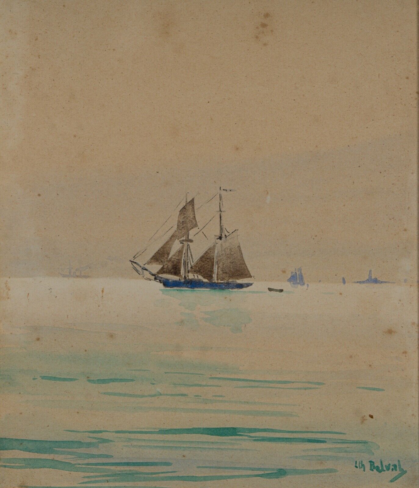 Watercolor on paper by Belval Sailboat 3 masts XXth