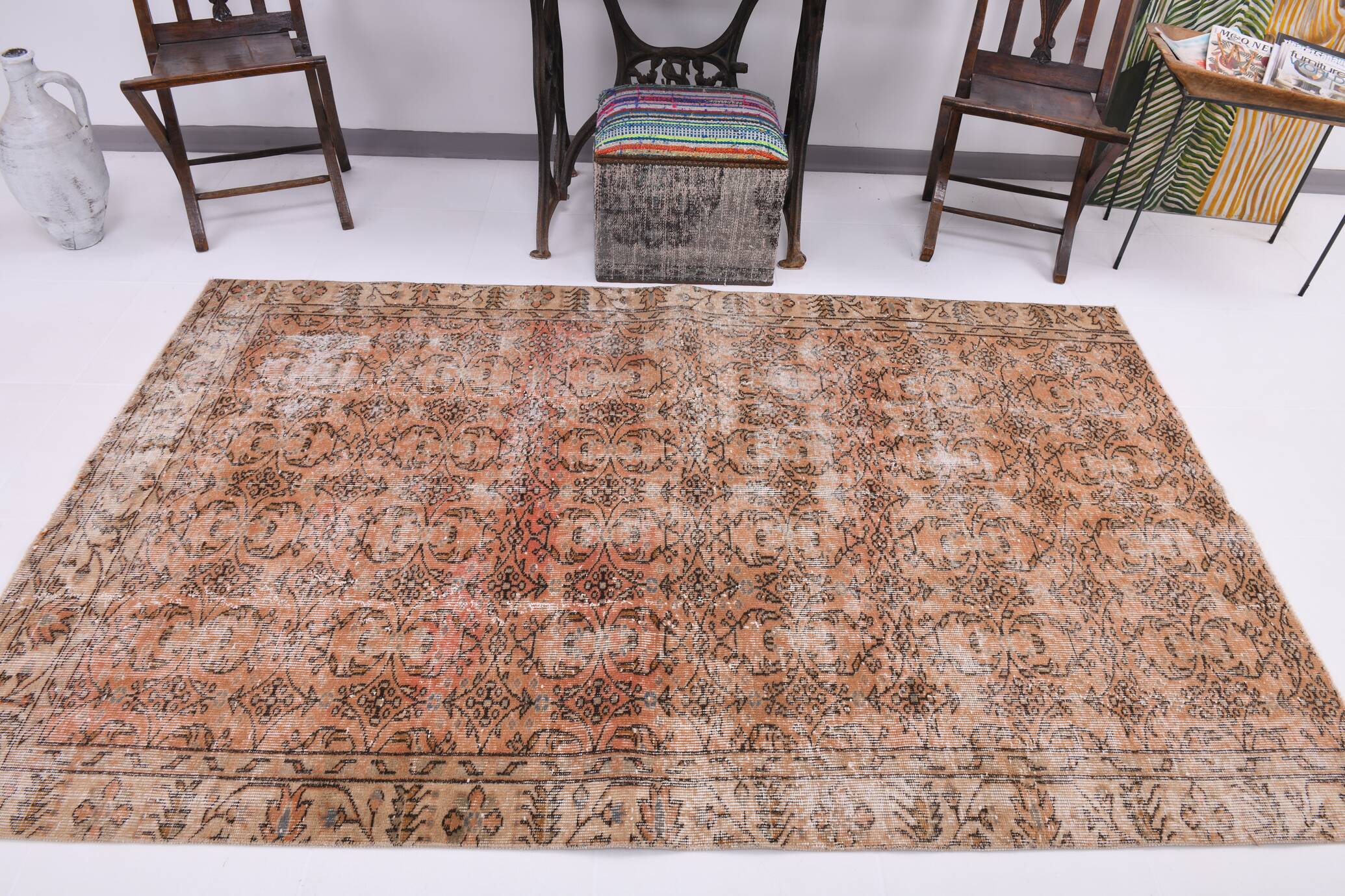 5x8 Peach Orange Handmade Wool Vintage Rug, 144x234Cm