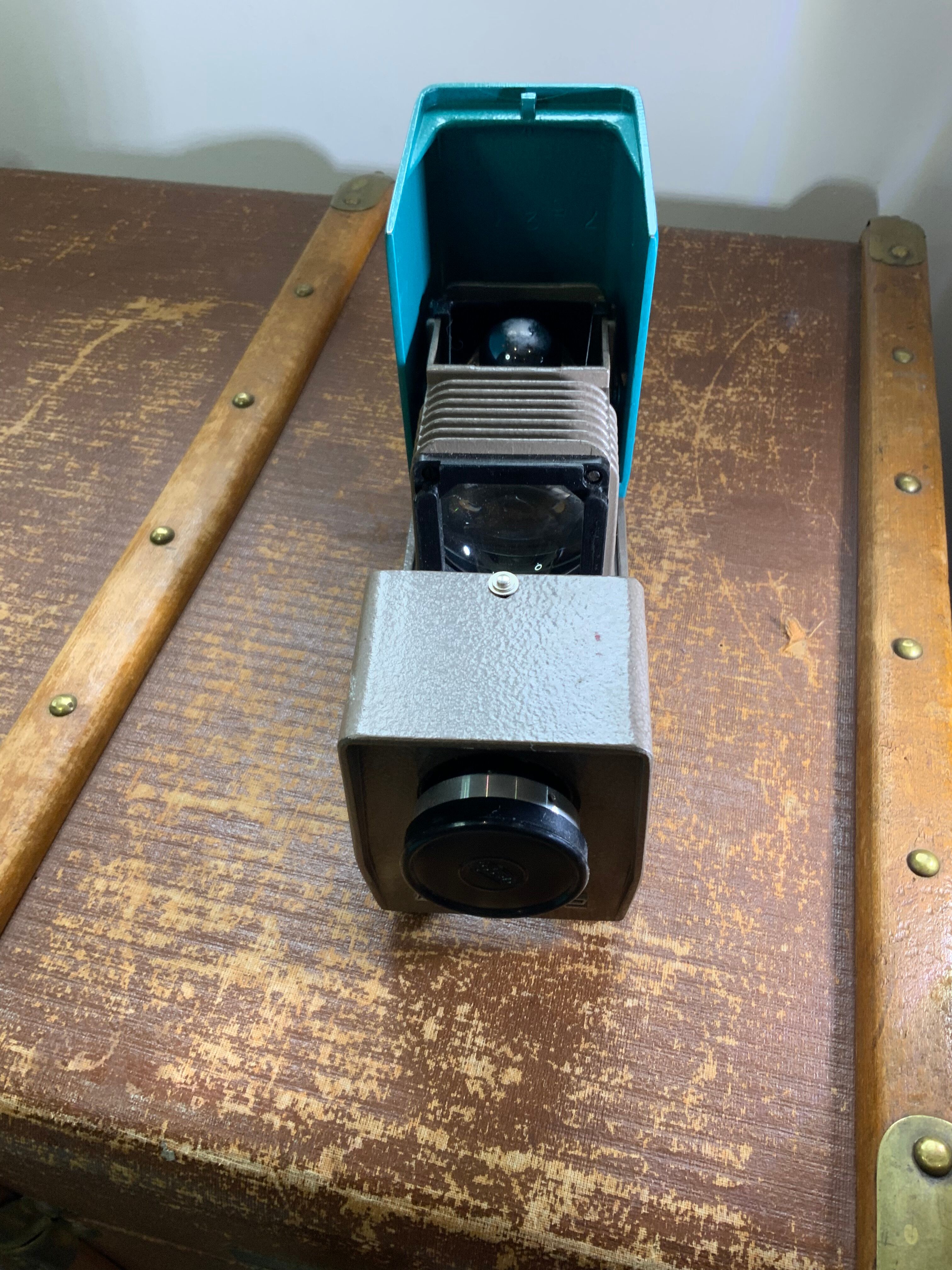 Vintage USSR slide projector in metal enamel blue and gray brand Optical study bulb