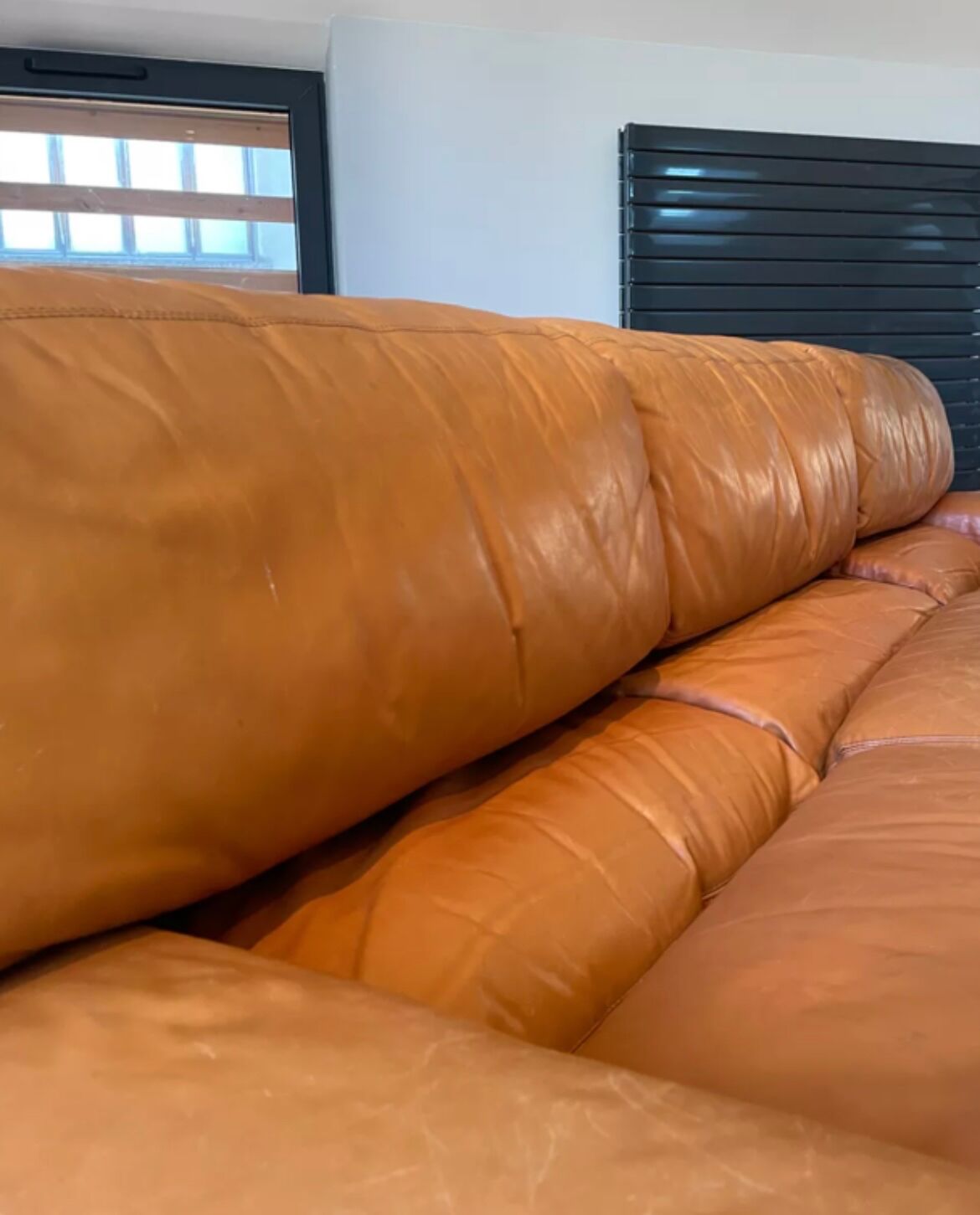 Vintage 3-seater sofa Gérard Guermonprez fawn and stainless steel leather, France 1970