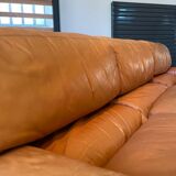 Vintage 3-seater sofa Gérard Guermonprez fawn and stainless steel leather, France 1970