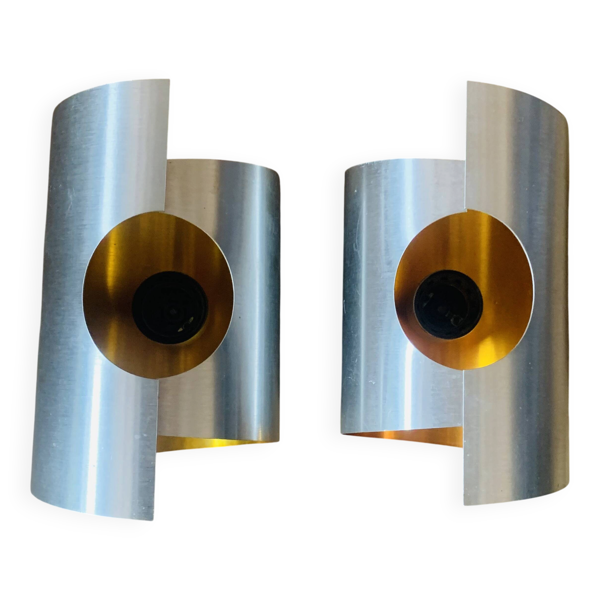 Pair of Space Age wall lights in brushed metal with a copper-orange interior.