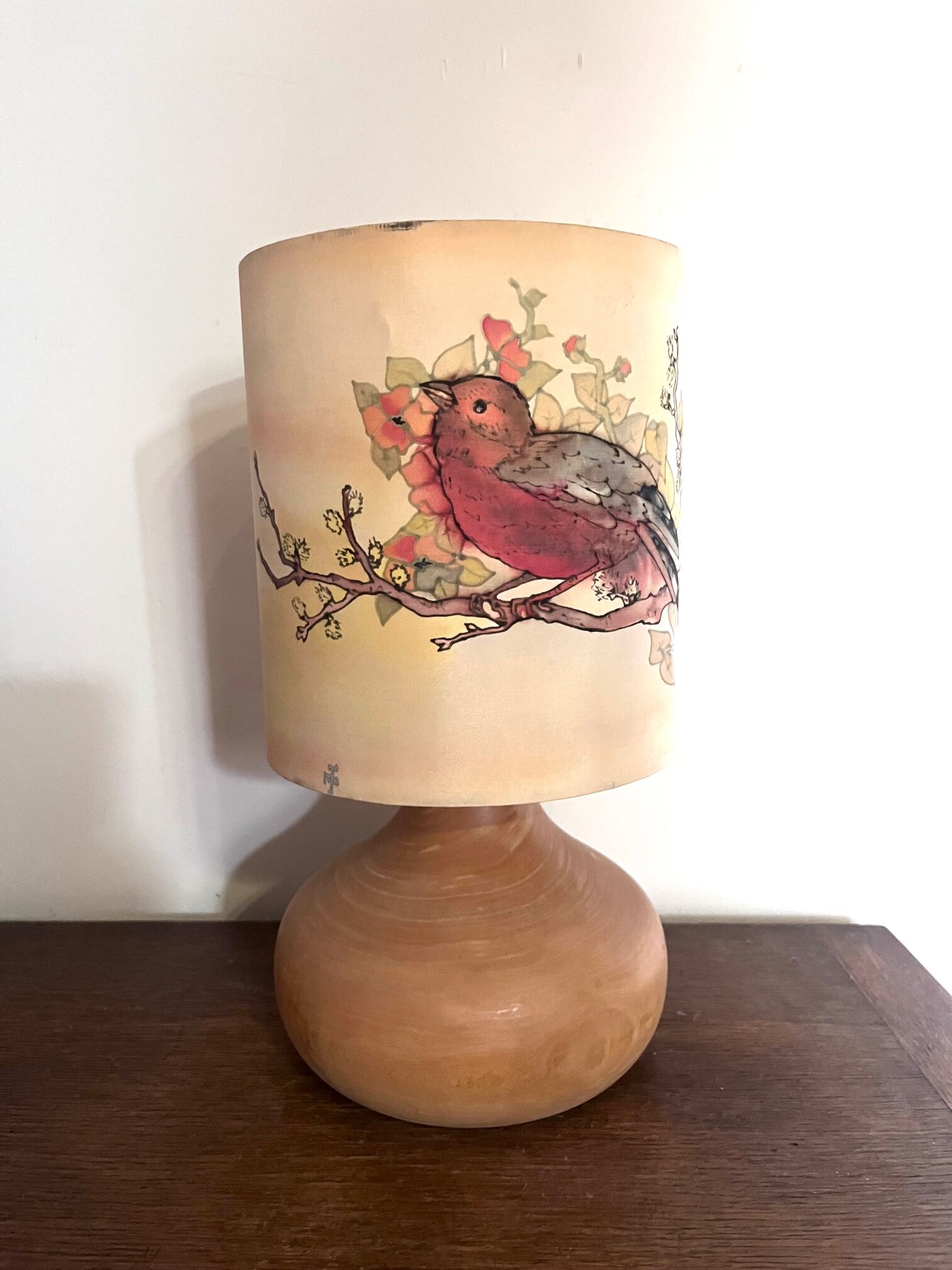 Wooden lamp and lampshade with bird decoration