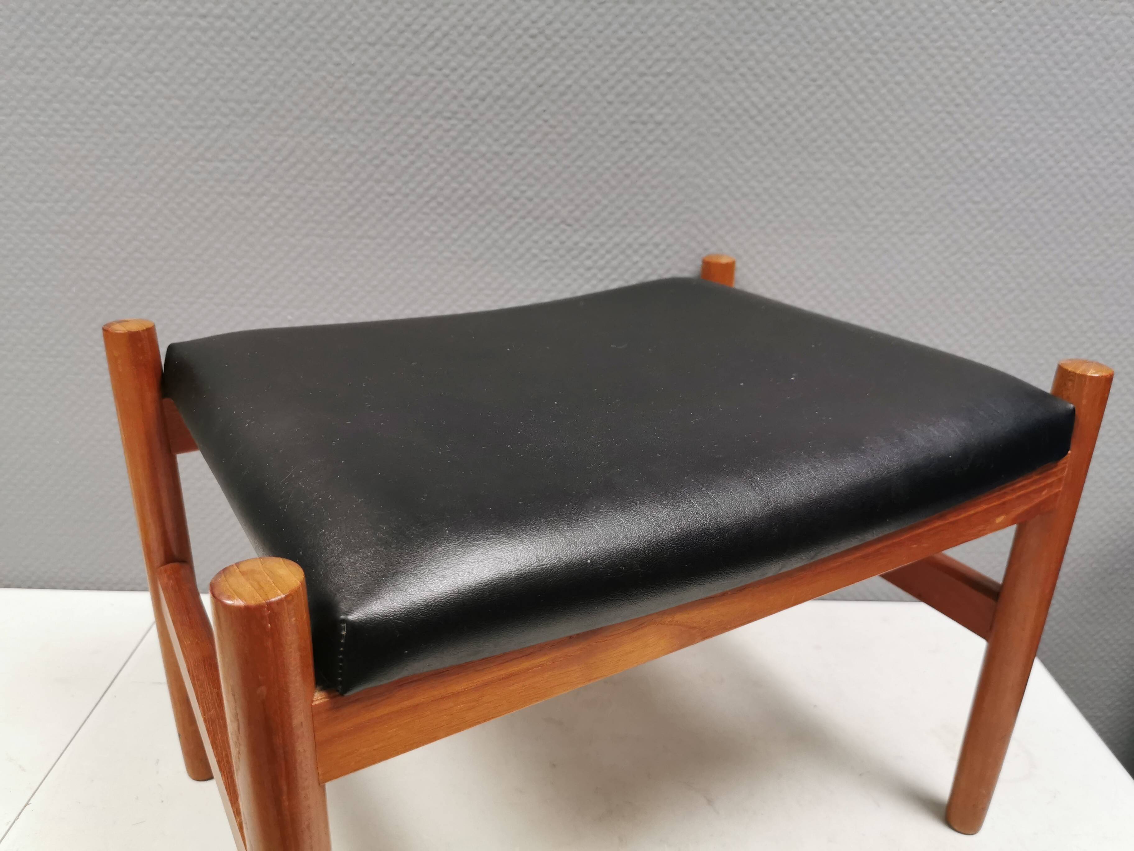 Danish Teak Footstool, Black Skai Leather, 1960s Spøttrup Design