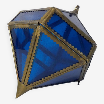 Suspension lanterne diamant bleu en verre et laiton oriental vintage