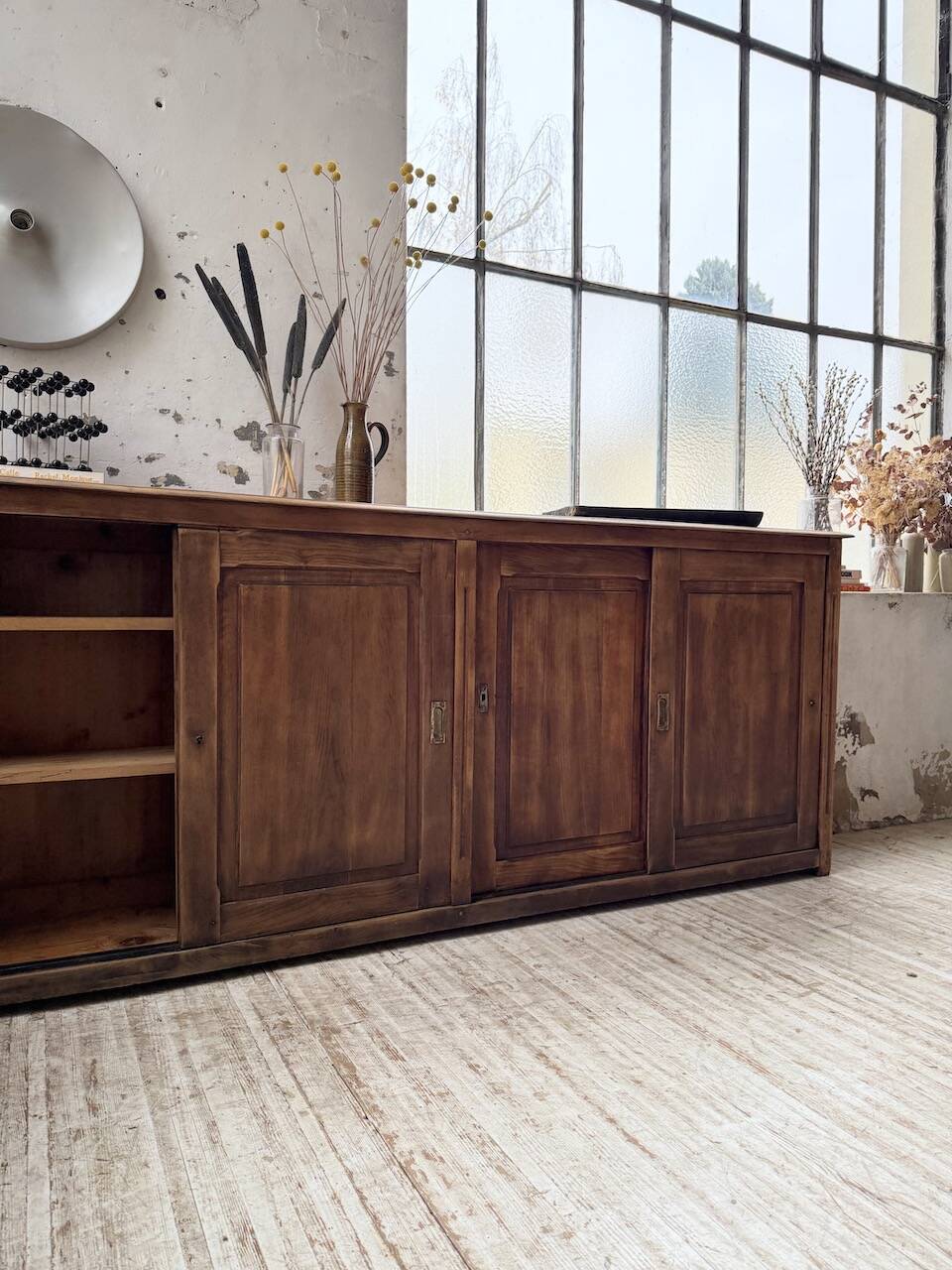 XL oak workshop sideboard with sliding doors from 1900
