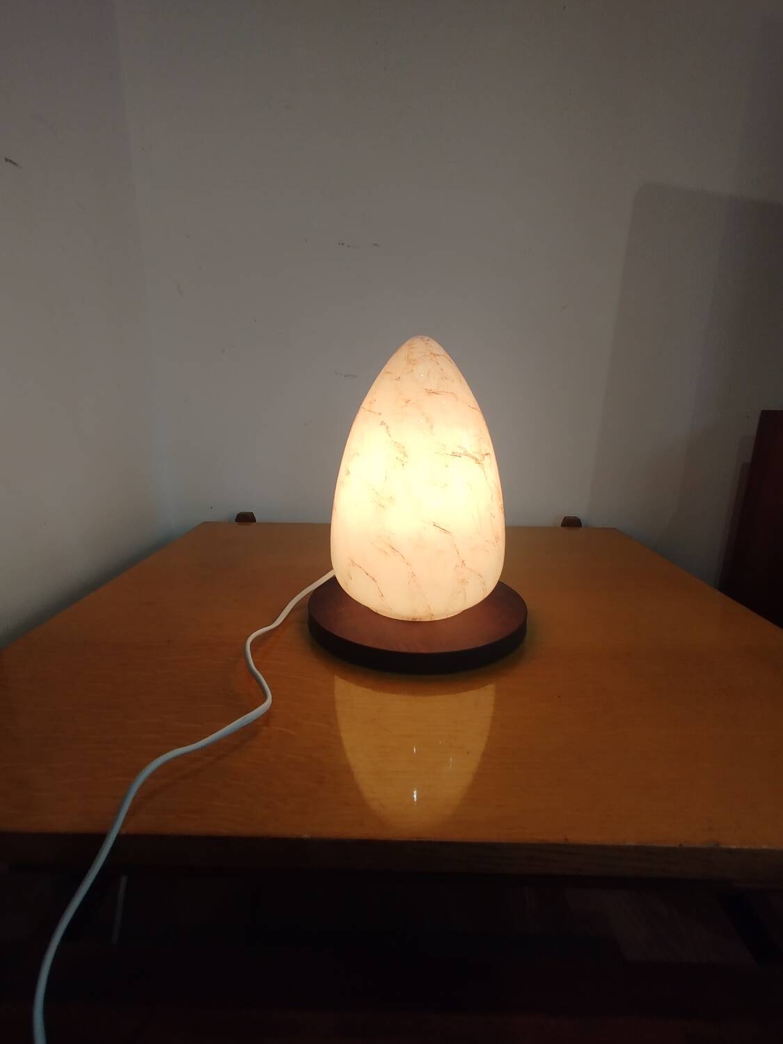 Vintage marbled glass egg lamp – wooden base – 1970s