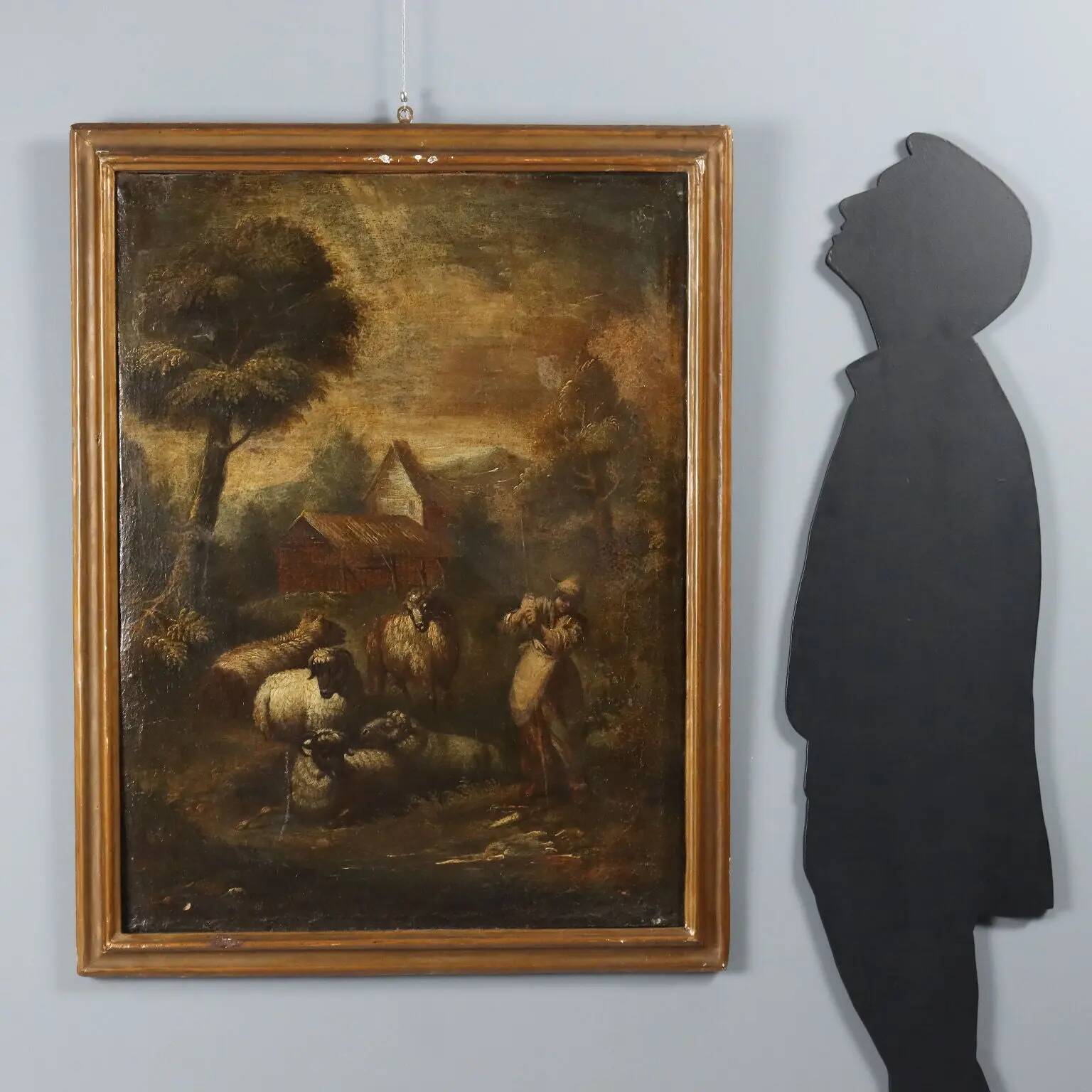 Landscape with shepherd and sheep, oil on canvas, 18th century.