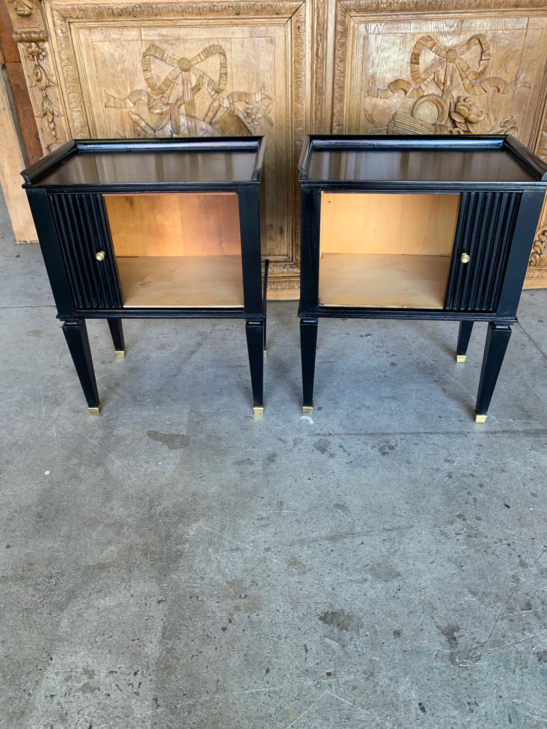 pair of art deco bedside tables in black lacquered mahogany