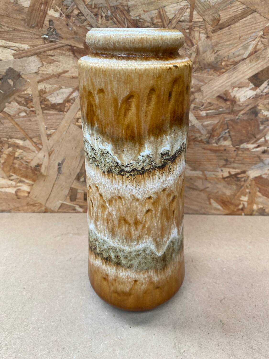 Antique ceramic roller vase beige brown west germany vintage