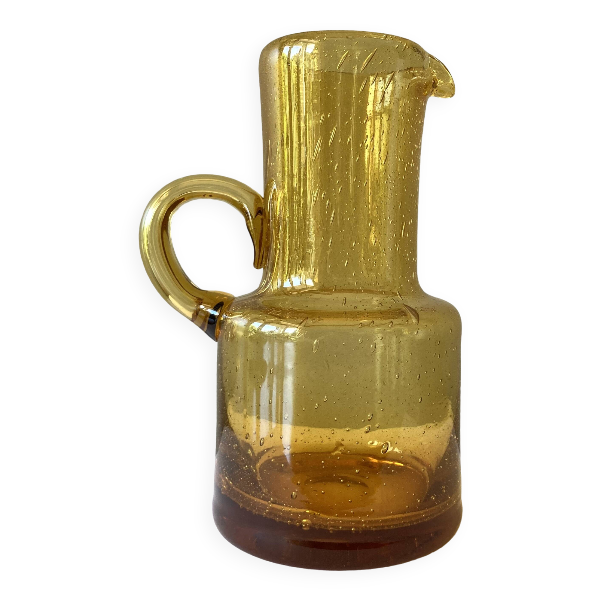Vintage pitcher or jug forming a vase in amber and bubbled glass in the style of Biot glassware