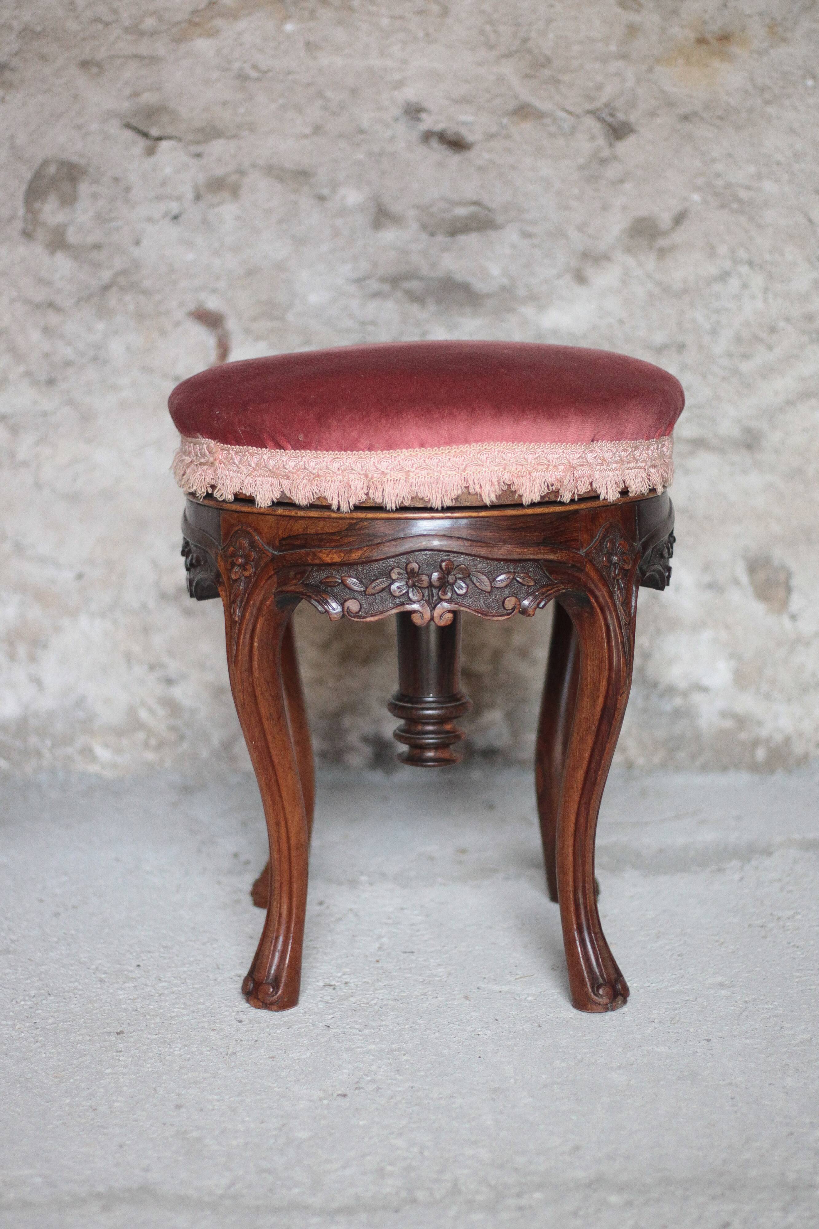 Victorian style stool, wooden and pink velvet stool, piano stool