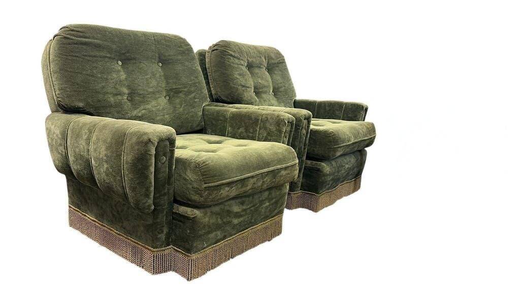 Ensemble de 2 chaises/fauteuils simples vintage verts à franges
