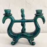 Duo of double green ceramic candle holders