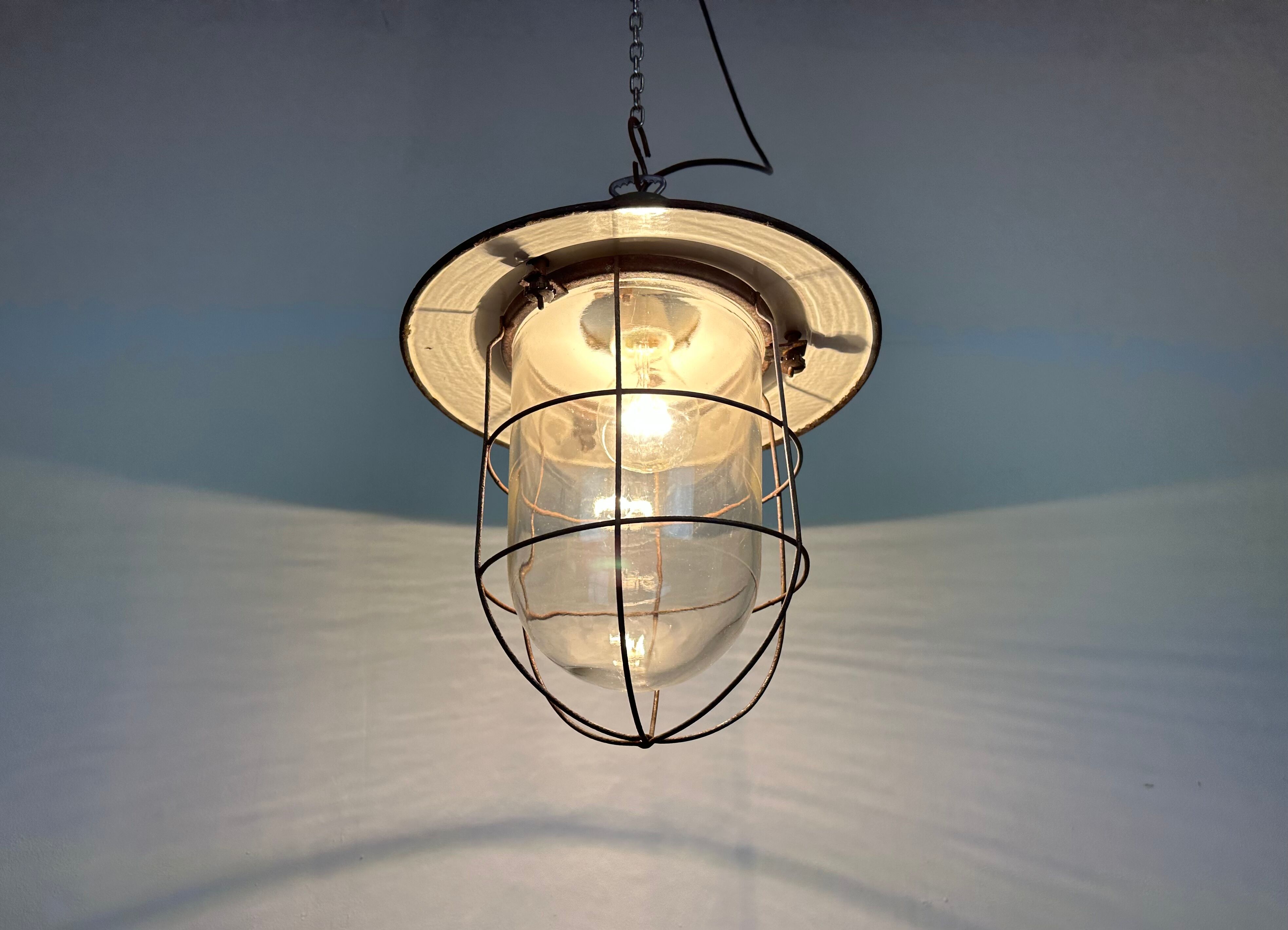 Industrial green enamel cage pendant light, 1960s