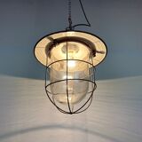 Industrial green enamel cage pendant light, 1960s