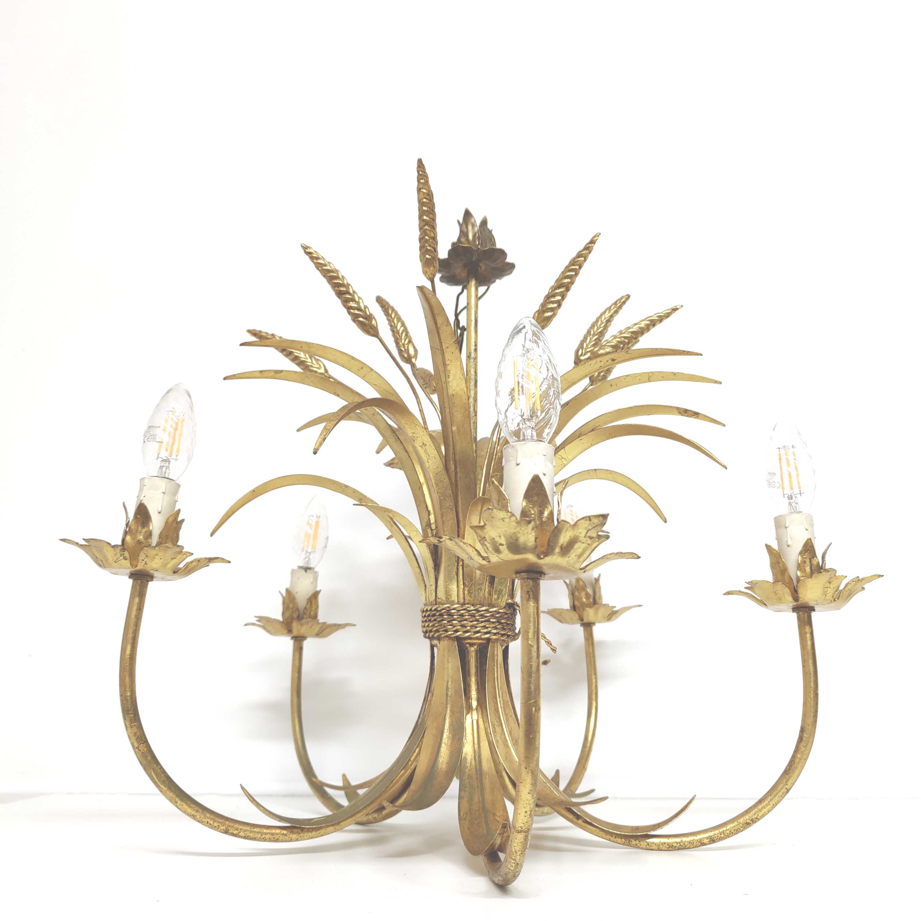 Italian chandelier leaves ears of wheat golden metal 60s/70s