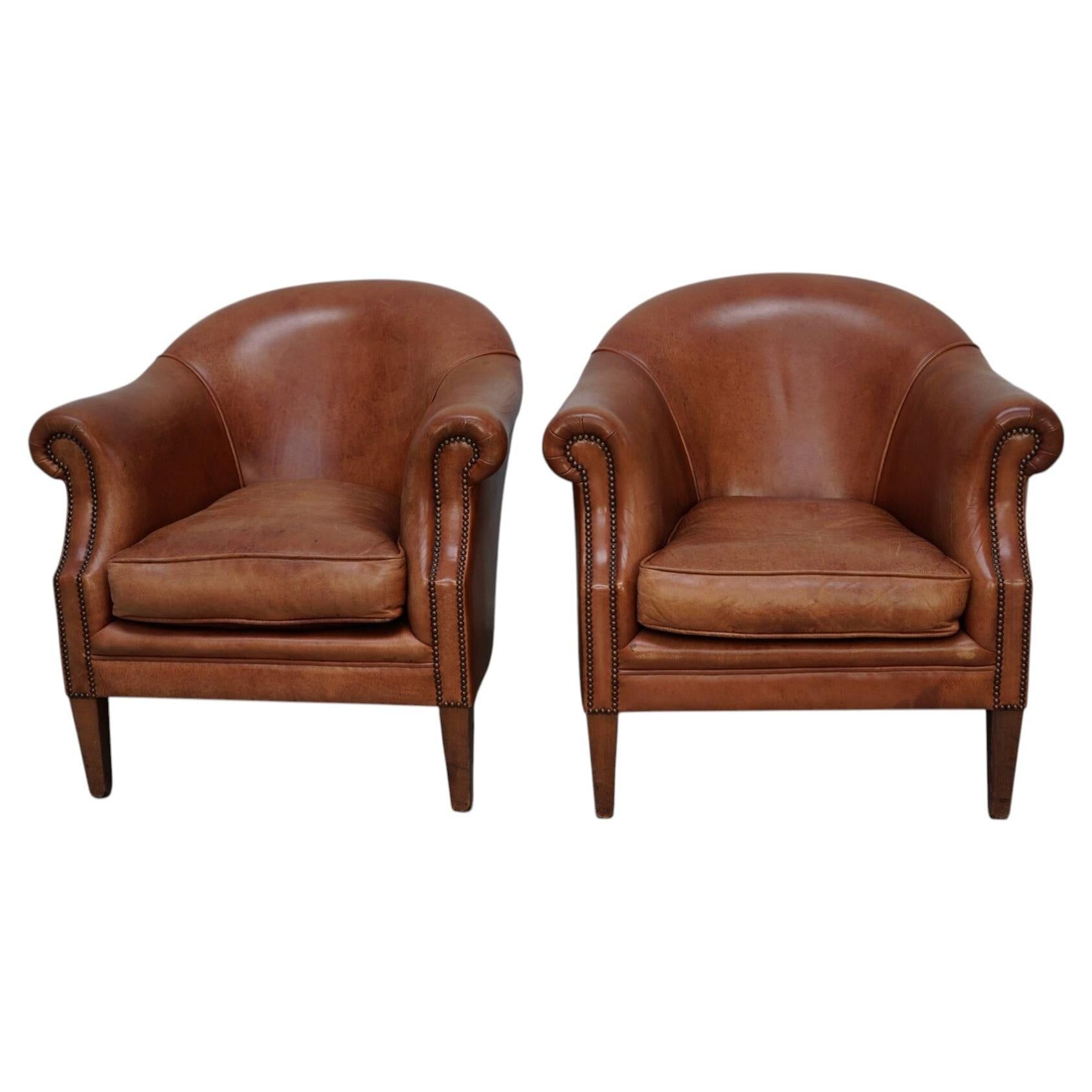 Vintage Dutch Leather Club Chairs in Cognac, Set of 2