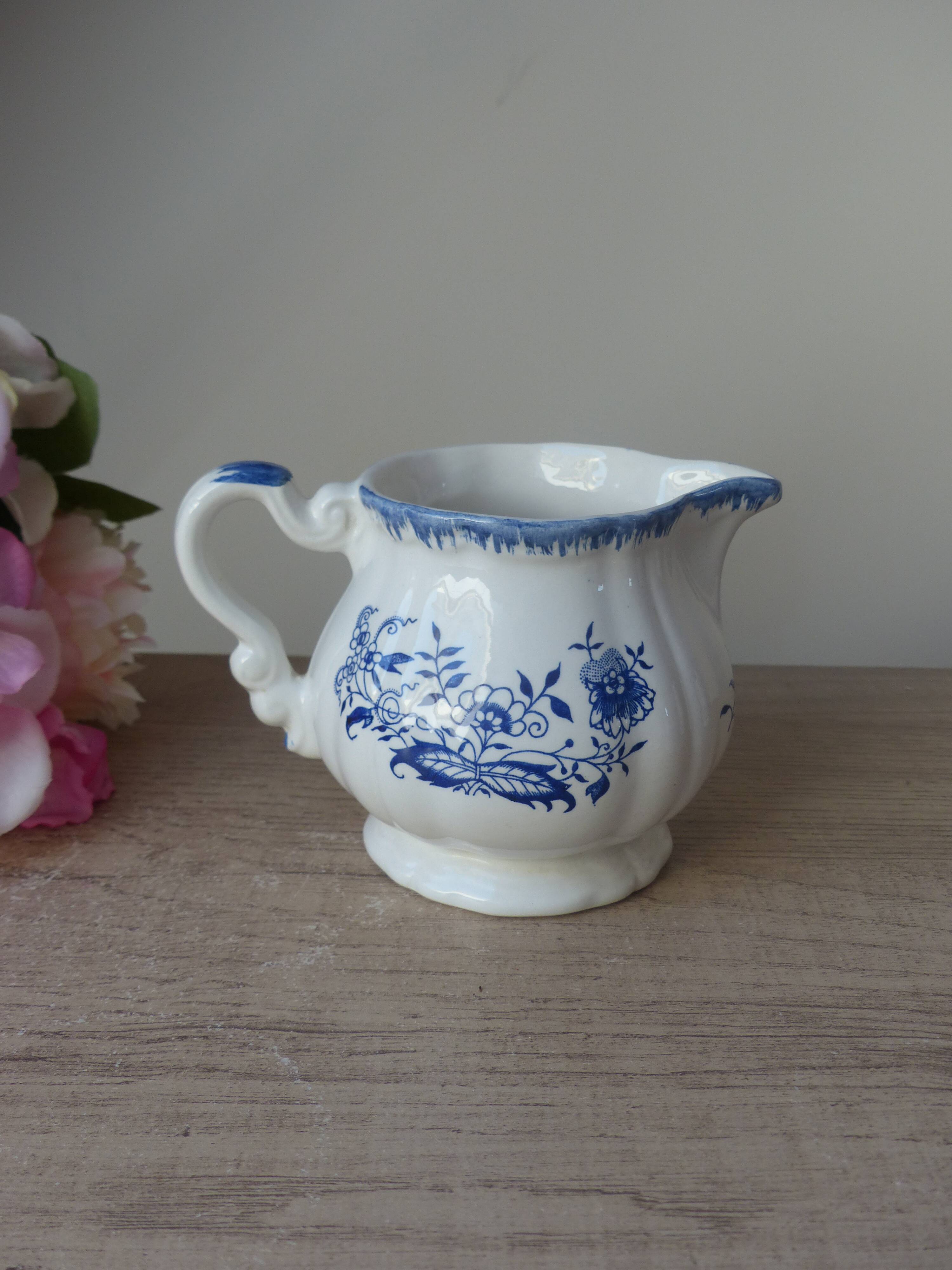 Old Milk Jug, Creamer, Jug, Sarraguemines Lancaster Vintage Blue Flowers Decor