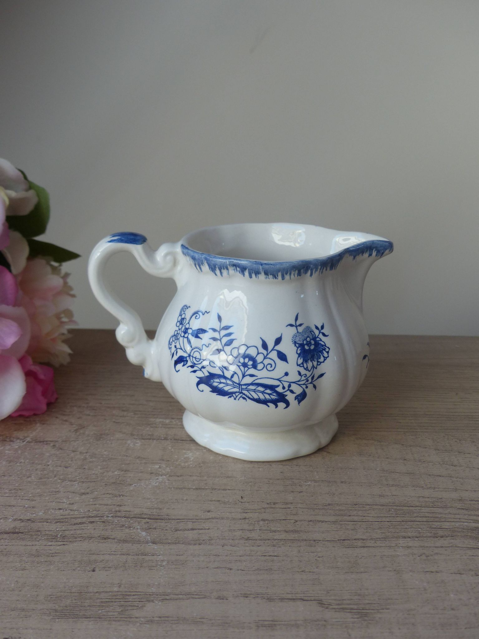 Old Milk Jug, Creamer, Pourer, Sarraguemines Lancaster Blue Flower Decor Vintage