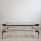 Coffee table with sliding shelf in lucite, brass and glass, Hollywood Regency