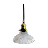 Suspension abat jour transparent en verre strié forme tulipe évasée