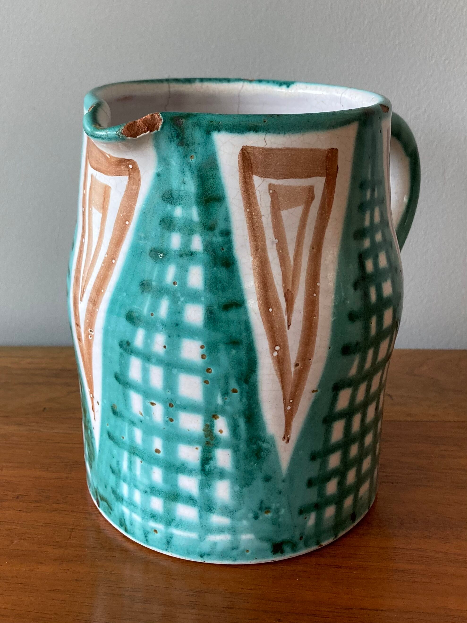 Robert Picault enamelled earthenware pitcher in Vallauris