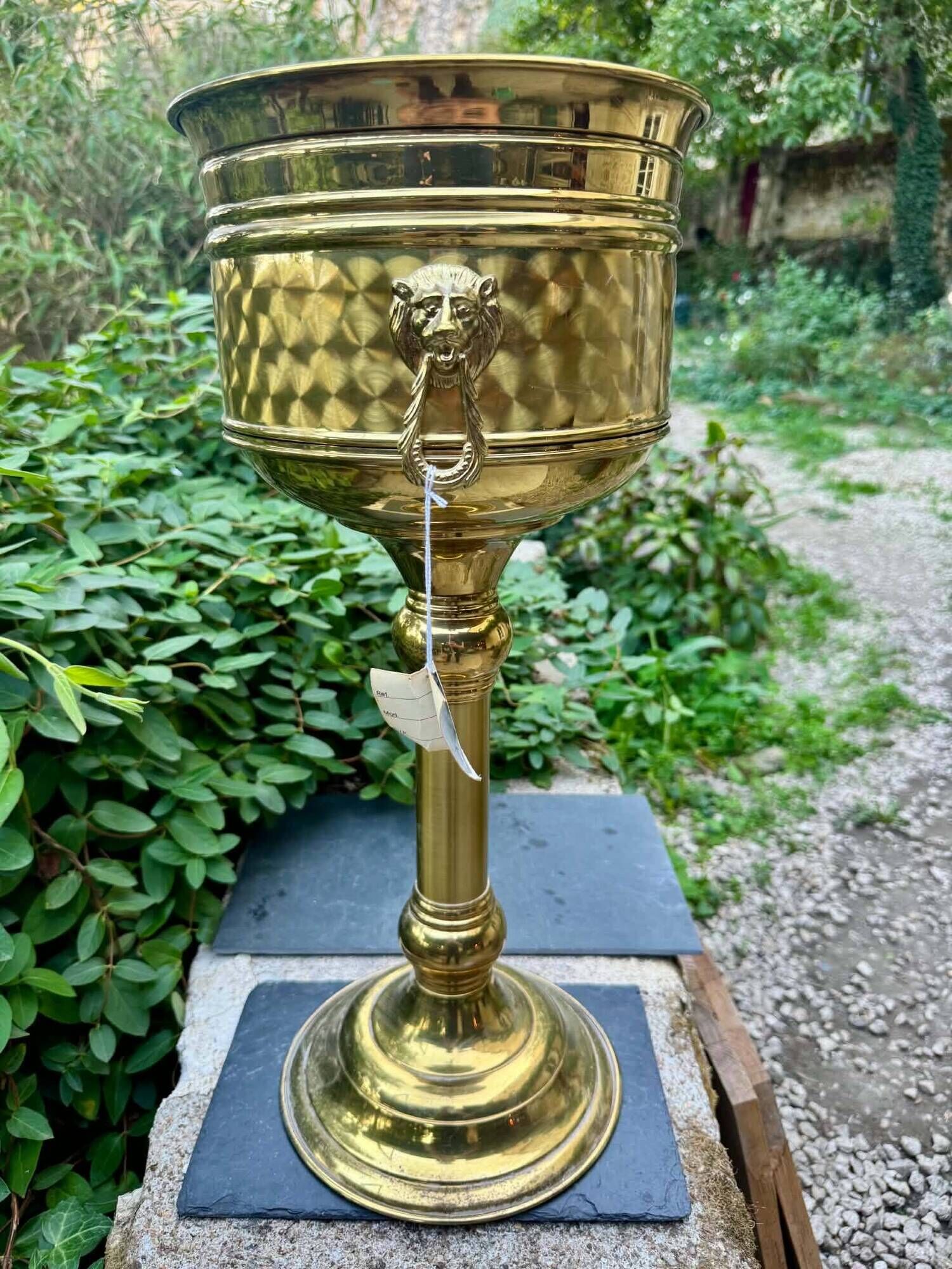 Large brass lion baroque planter on stand