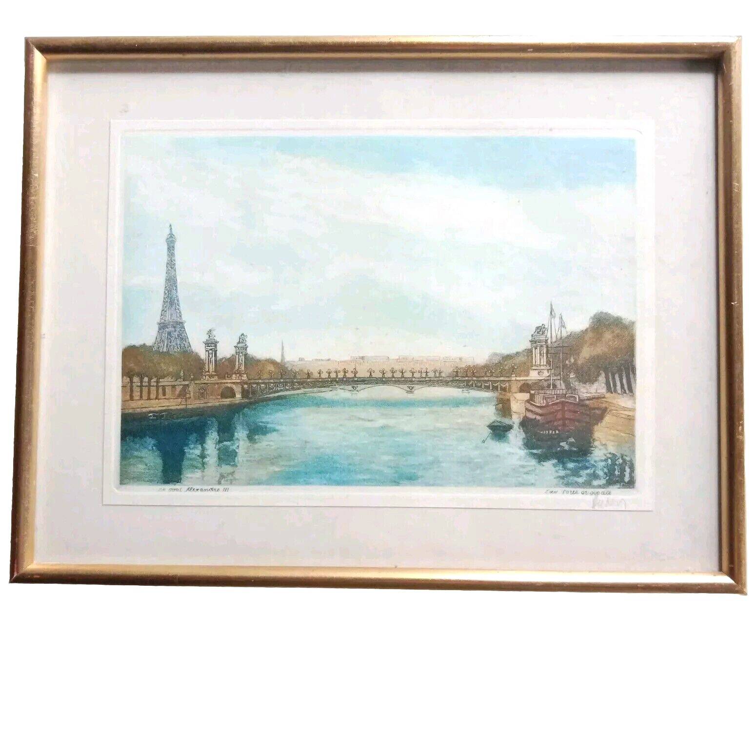 Frame: The Pont Alexandre III, Paris, the Eiffel Tower. Etching signed Hubert