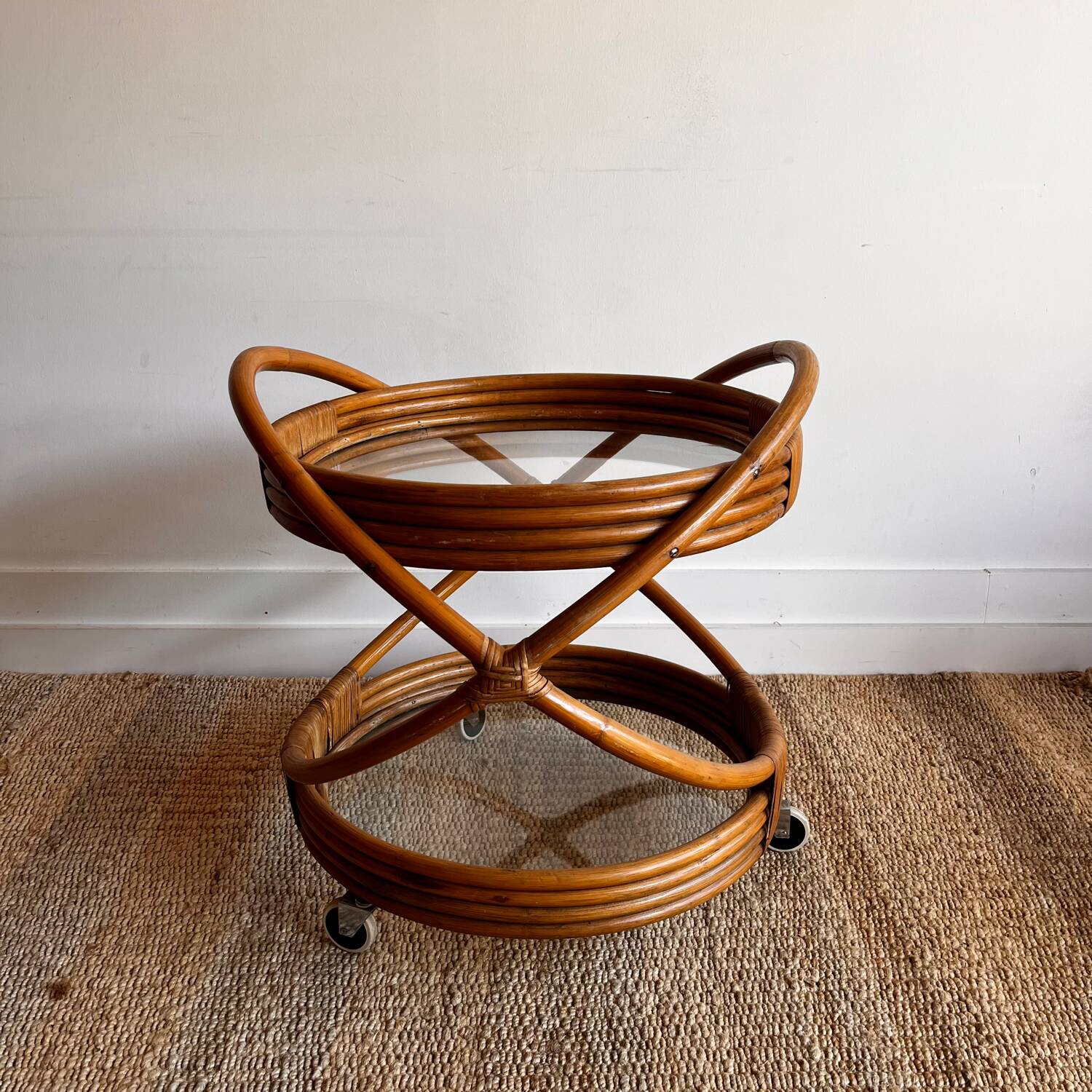 Chariot à dessert en rotin et bambou style Mid Century