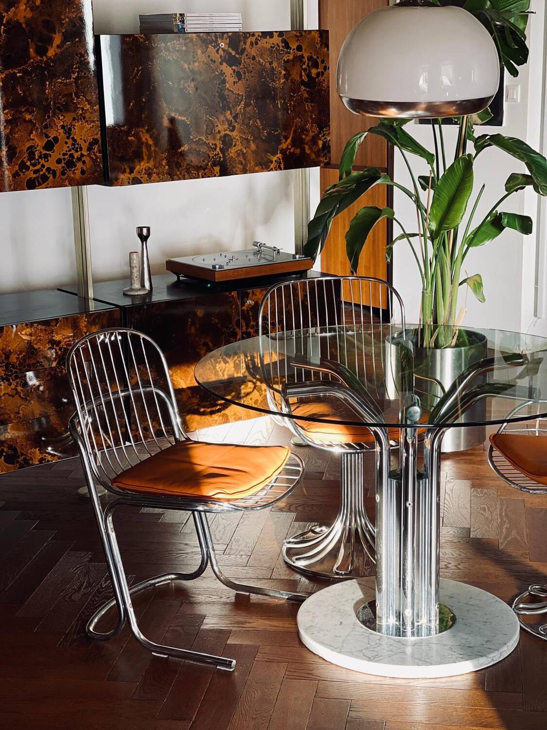 Dining table glass chrome and marble 1970s Italian vintage design
