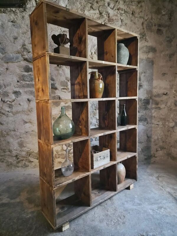 Étagère industrielle ancienne / séparateur de pièce en pin, France, début du 20ème siècle