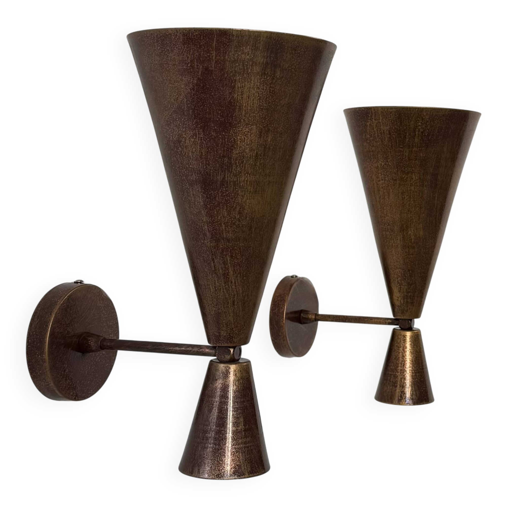 Pair of vintage patinated copper metal wall lights, France, 1980.
