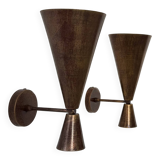 Pair of vintage patinated copper metal wall lights, France, 1980.