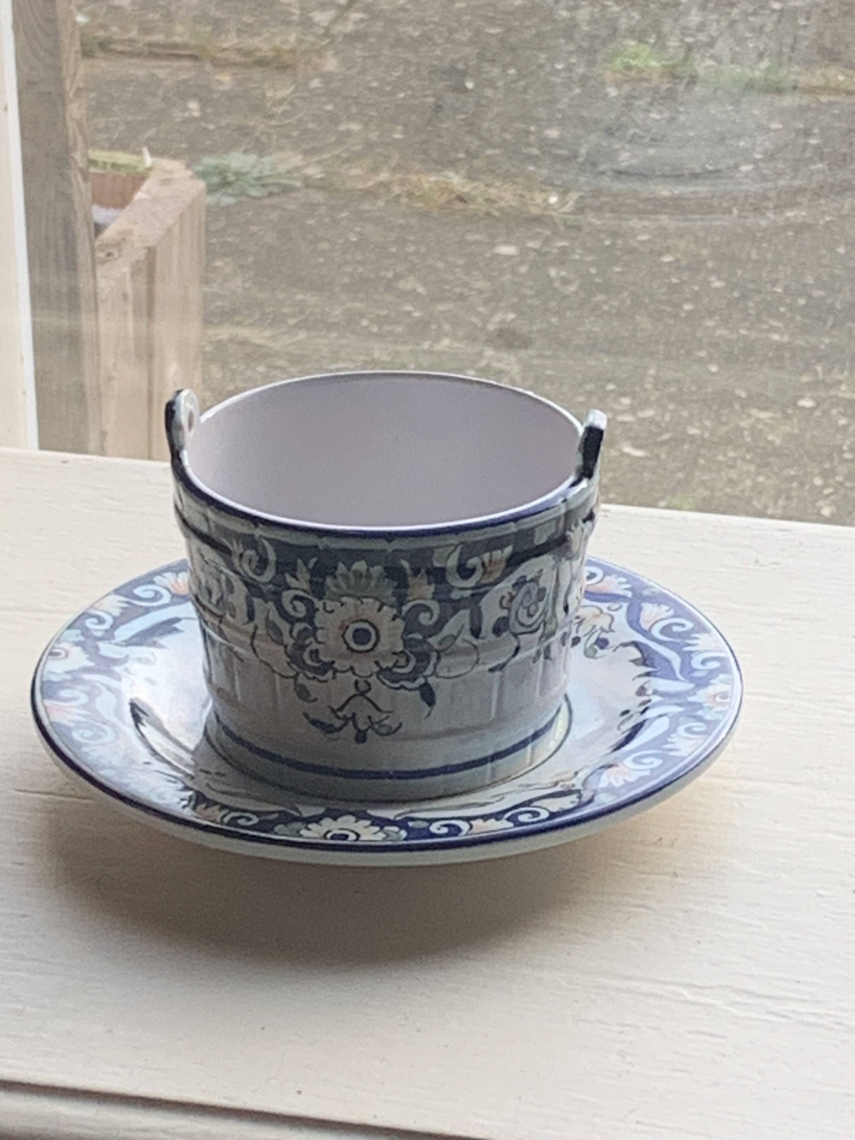 Butter dish, sauce pot in Old Rouen earthenware, handmade, made in France, floral pattern, vintage